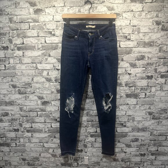 EUC LEVI'S 711 Women's Dark Wash Distressed Stretch Skinny Jeans 26 - Picture 1 of 16